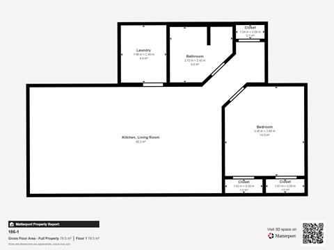 Floor plan for 1 bed, 1 bath, 885 sqft